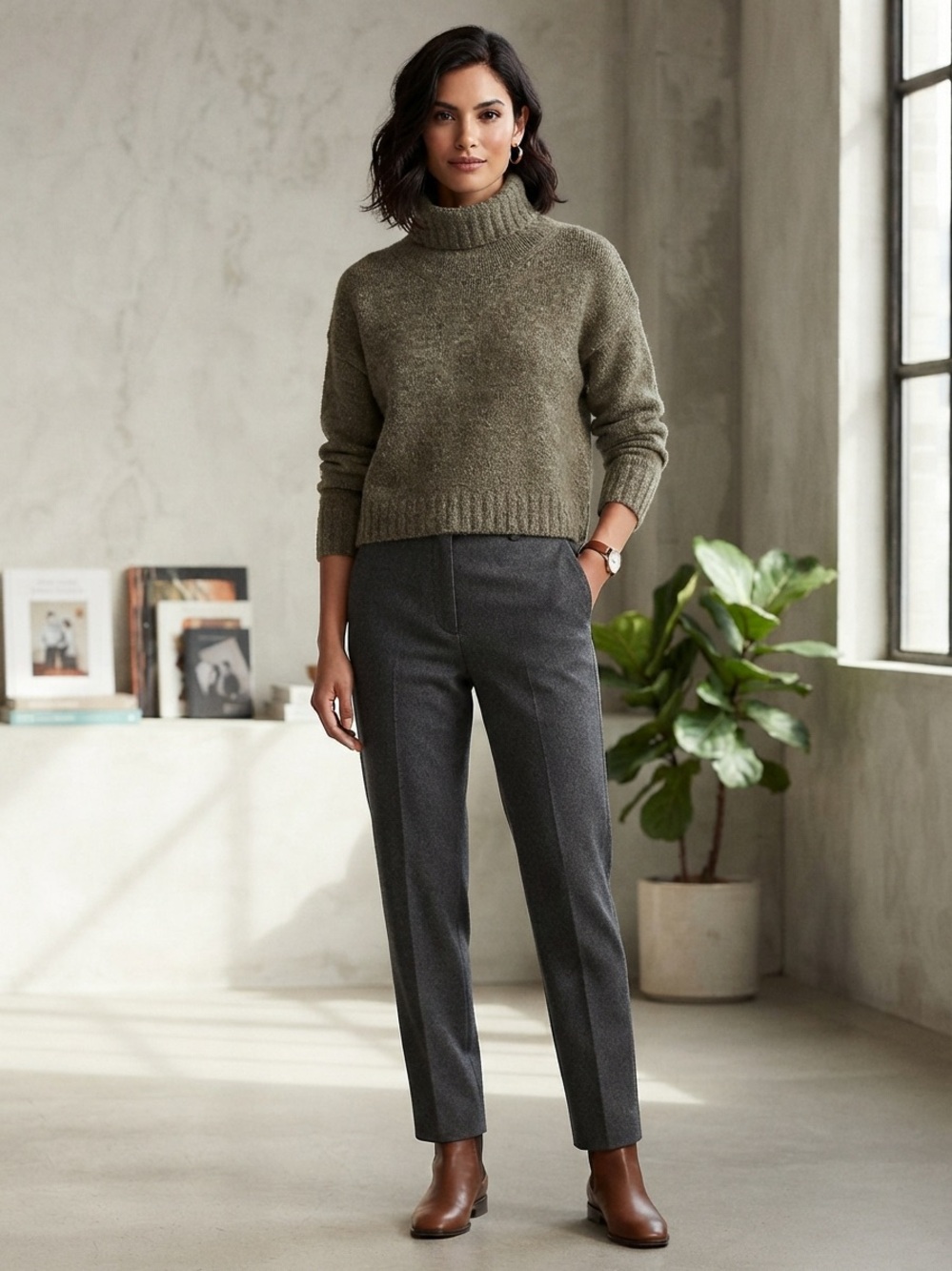 Pilcro Olive Green Turtleneck Sweater with Charcoal Pants